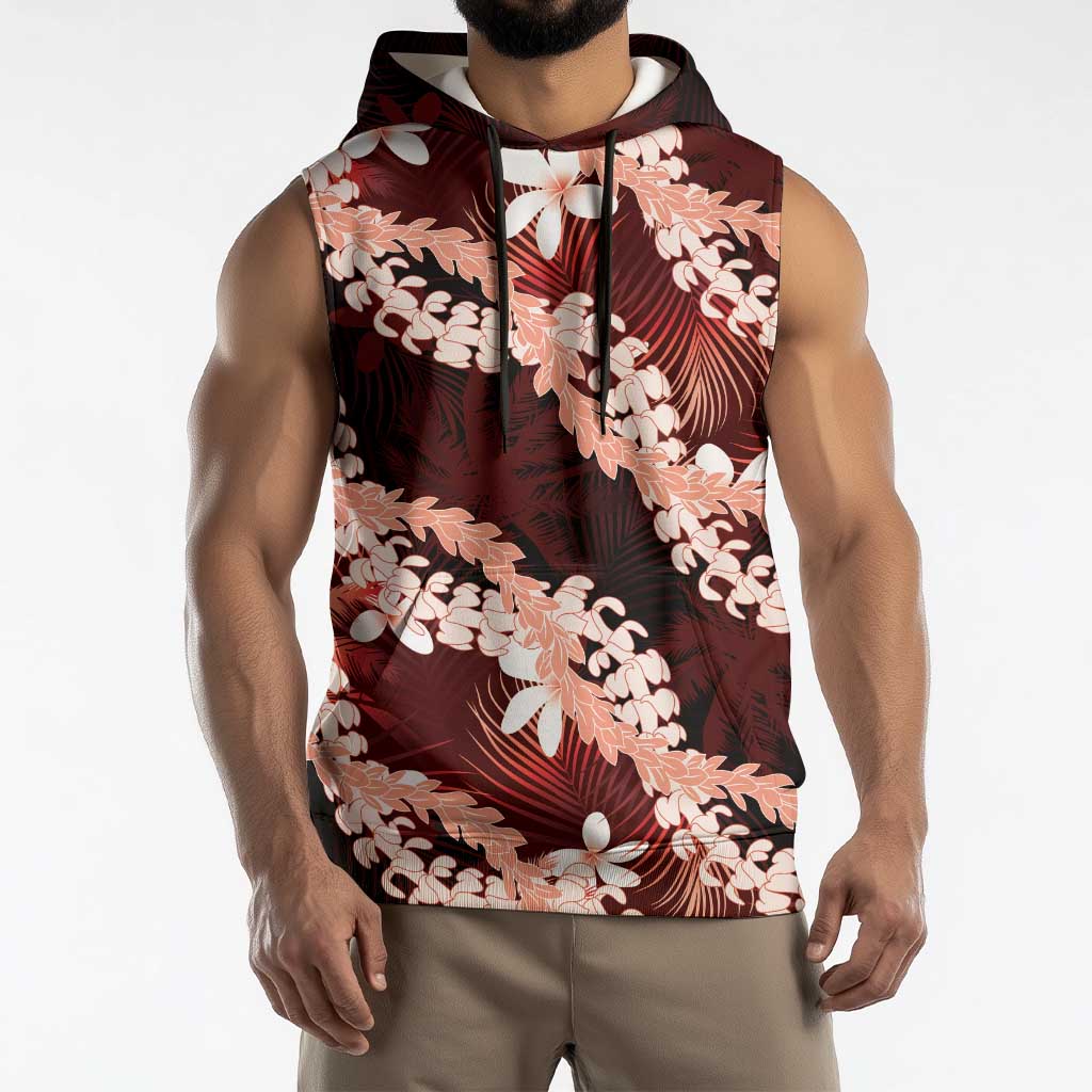 Puakenikeni Maile Lei Sleeveless Hoodie Frangipani Red Tropical Leaves LT01 - Polynesian Pride