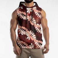 Puakenikeni Maile Lei Sleeveless Hoodie Frangipani Red Tropical Leaves LT01 - Polynesian Pride