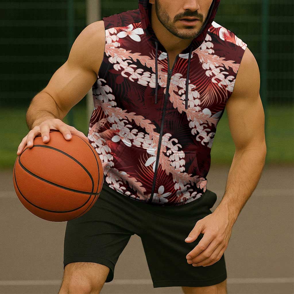 Puakenikeni Maile Lei Sleeveless Zip Hoodie Frangipani Red Tropical Leaves