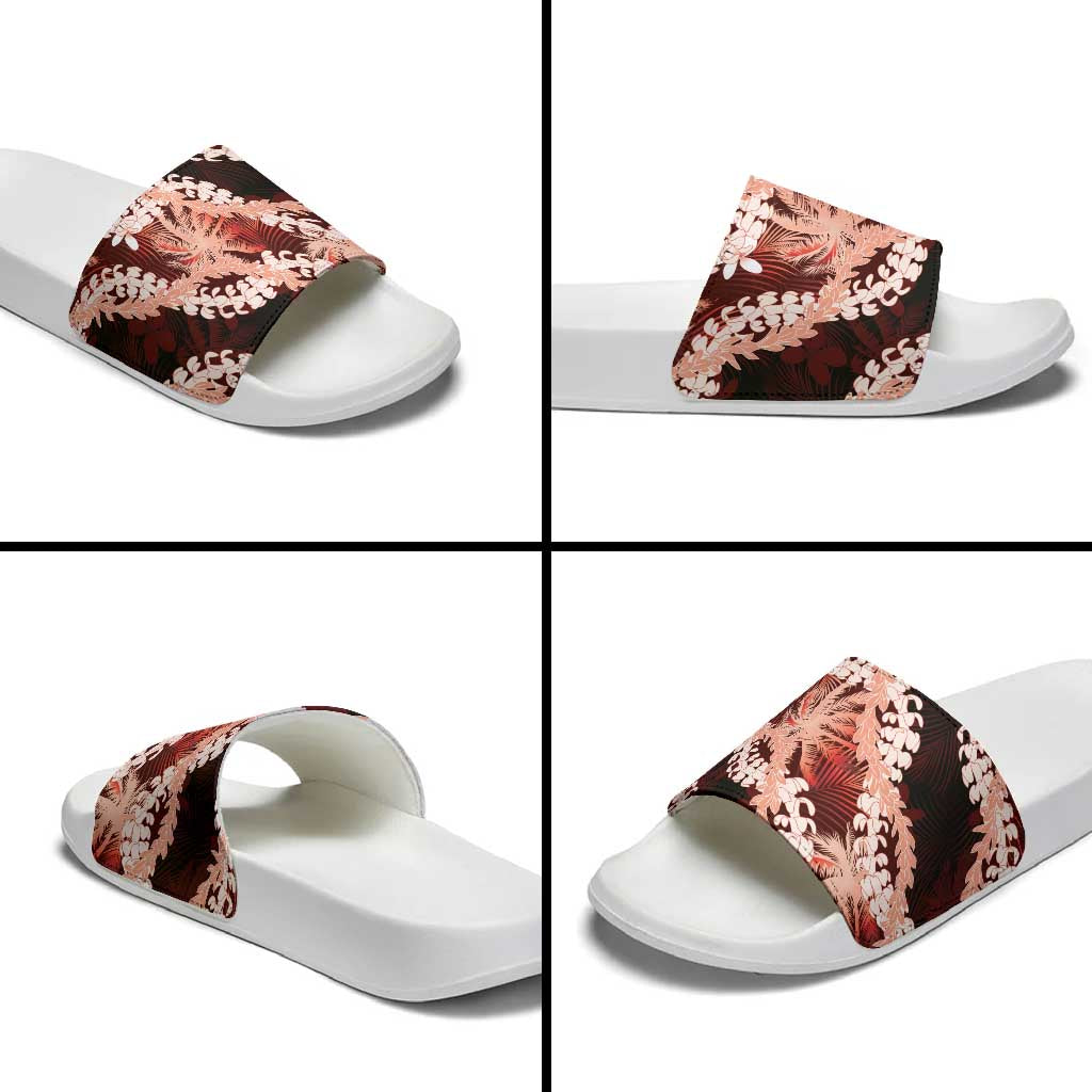 Puakenikeni Maile Lei Slide Sandals Frangipani Red Tropical Leaves