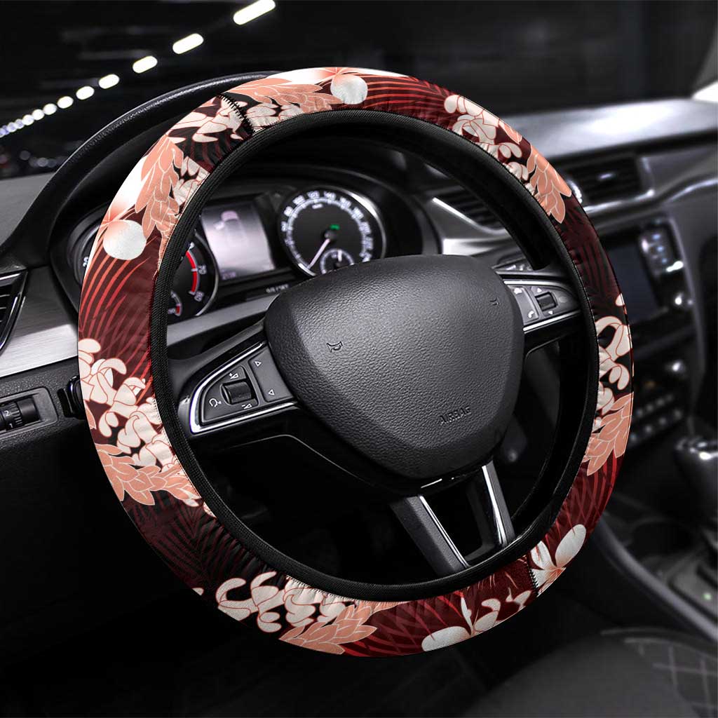 Puakenikeni Maile Lei Steering Wheel Cover Frangipani Red Tropical Leaves