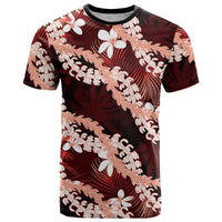 Puakenikeni Maile Lei T Shirt Frangipani Red Tropical Leaves