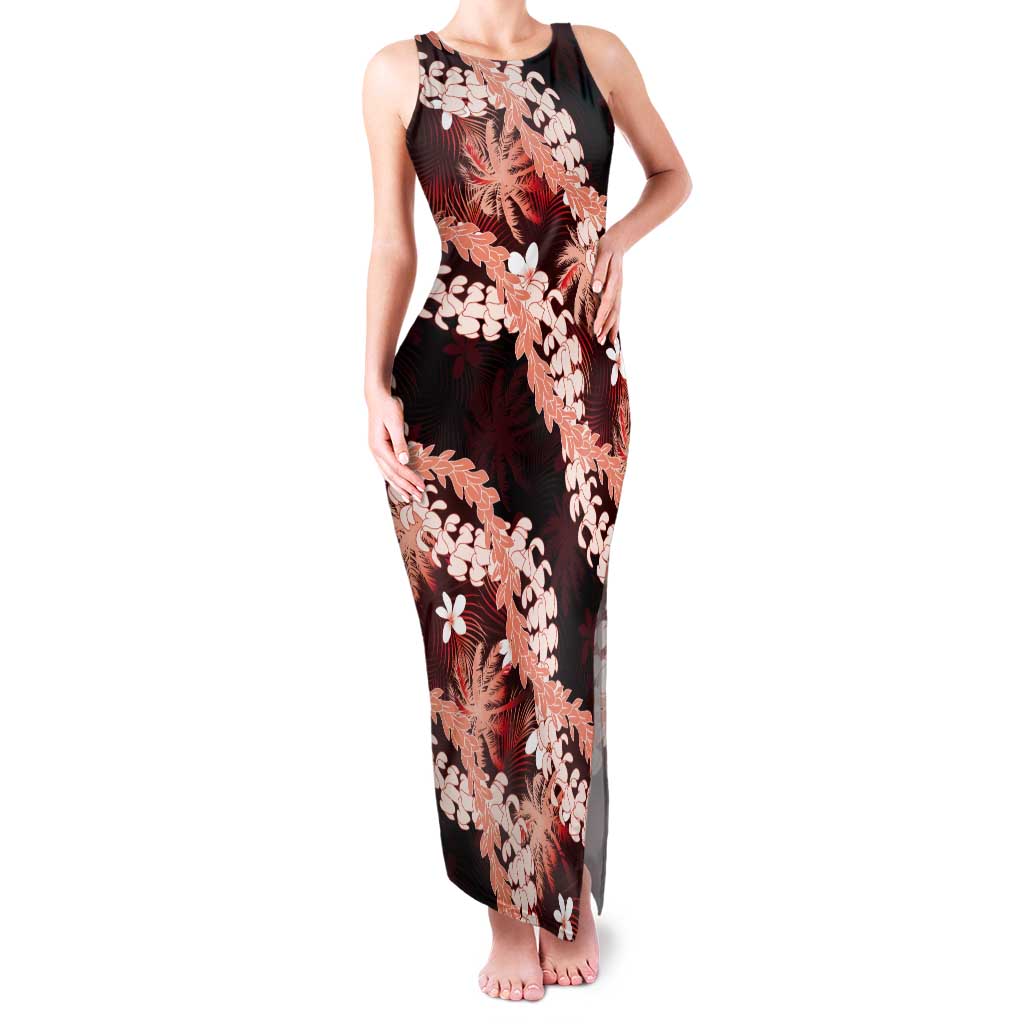 Puakenikeni Maile Lei Tank Maxi Dress Frangipani Red Tropical Leaves
