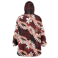 Puakenikeni Maile Lei Wearable Blanket Hoodie Frangipani Red Tropical Leaves