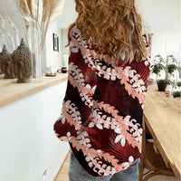 Puakenikeni Maile Lei Women Casual Shirt Frangipani Red Tropical Leaves