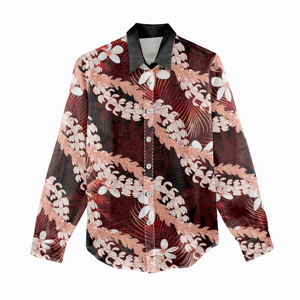 Puakenikeni Maile Lei Women Casual Shirt Frangipani Red Tropical Leaves