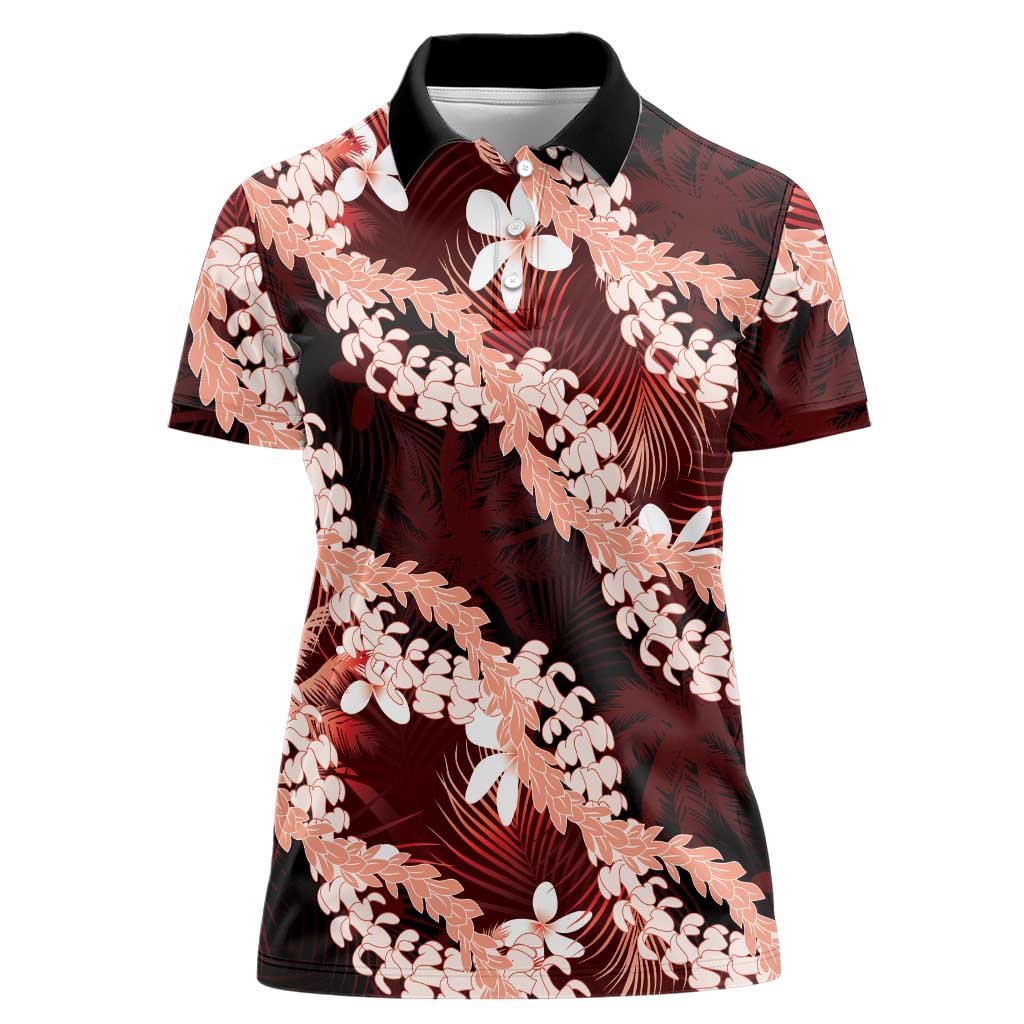 Puakenikeni Maile Lei Women Polo Shirt Frangipani Red Tropical Leaves
