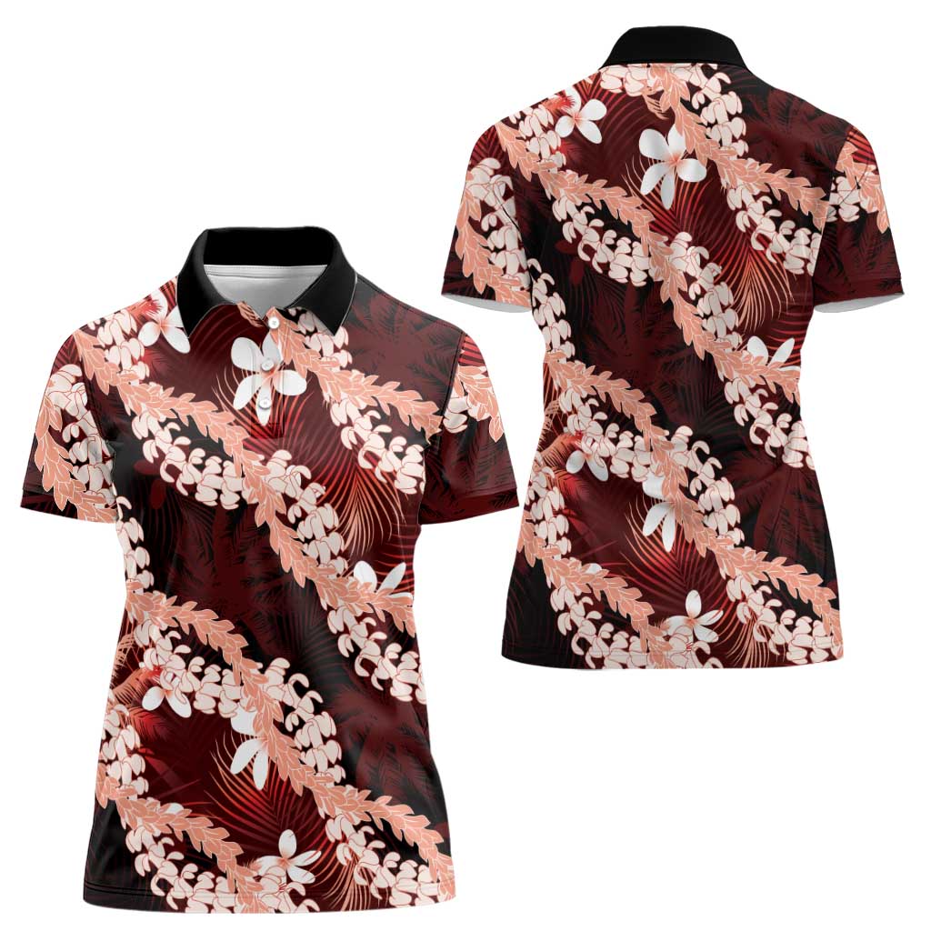 Puakenikeni Maile Lei Women Polo Shirt Frangipani Red Tropical Leaves