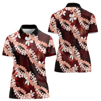 Puakenikeni Maile Lei Women Polo Shirt Frangipani Red Tropical Leaves