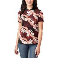 Puakenikeni Maile Lei Women Polo Shirt Frangipani Red Tropical Leaves