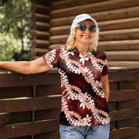 Puakenikeni Maile Lei Women Polo Shirt Frangipani Red Tropical Leaves