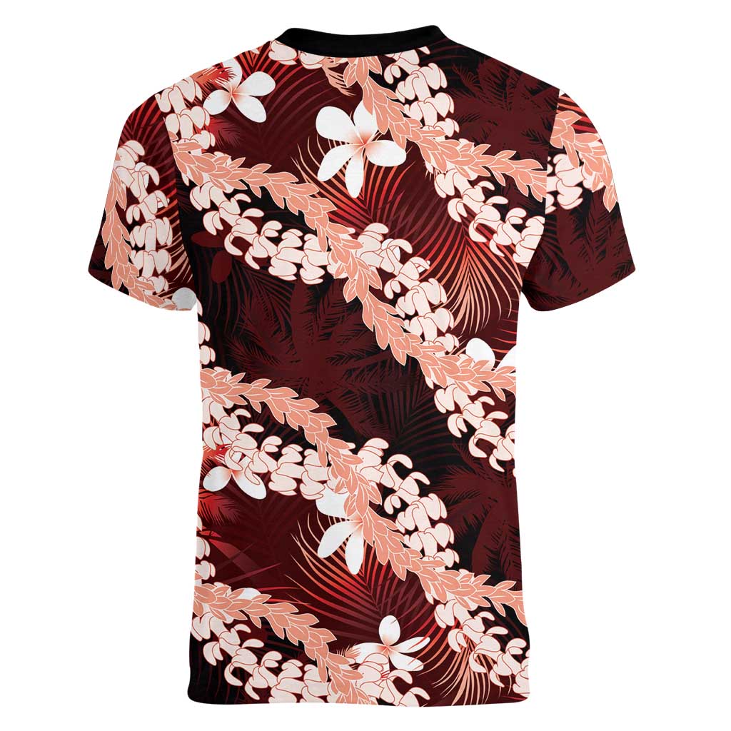 Puakenikeni Maile Lei Women V-Neck T-Shirt Frangipani Red Tropical Leaves
