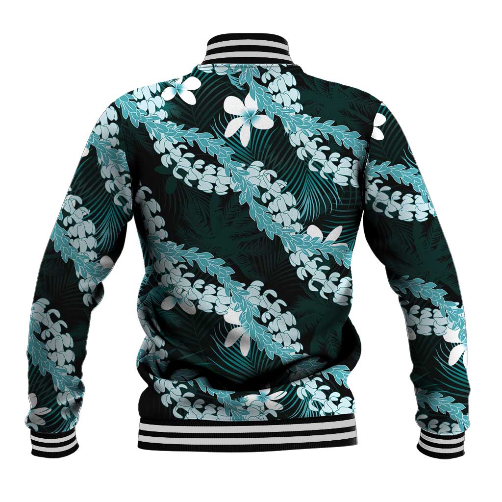 Puakenikeni Maile Lei Baseball Jacket Frangipani Turquoise Tropical Leaves