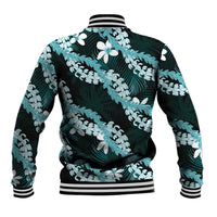 Puakenikeni Maile Lei Baseball Jacket Frangipani Turquoise Tropical Leaves