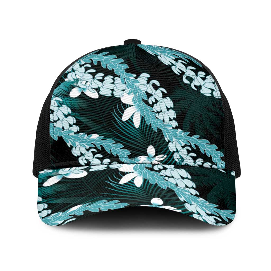 Puakenikeni Maile Lei Baseball Net Cap Frangipani Turquoise Tropical Leaves