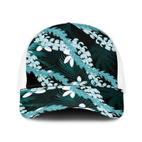Puakenikeni Maile Lei Baseball Net Cap Frangipani Turquoise Tropical Leaves