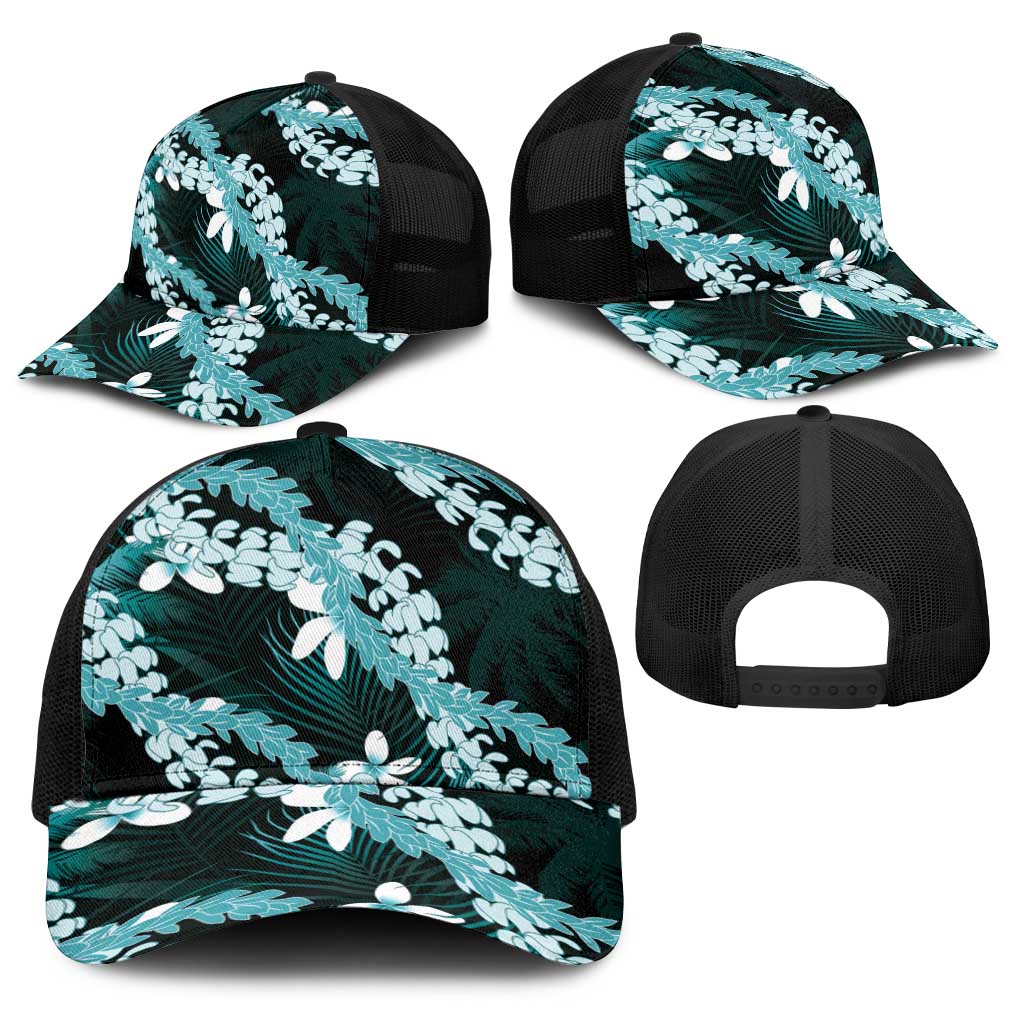 Puakenikeni Maile Lei Baseball Net Cap Frangipani Turquoise Tropical Leaves