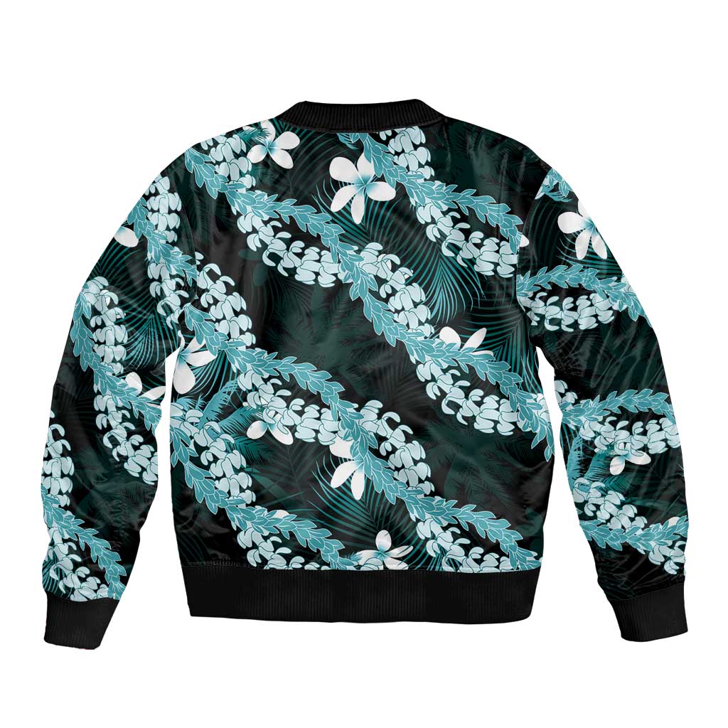 Puakenikeni Maile Lei Bomber Jacket Frangipani Turquoise Tropical Leaves