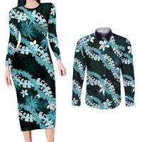 Puakenikeni Maile Lei Couples Matching Long Sleeve Bodycon Dress and Long Sleeve Button Shirt Frangipani Turquoise Tropical Leaves LT01 Turquoise - Polynesian Pride