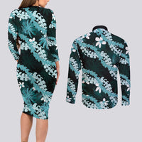 Puakenikeni Maile Lei Couples Matching Long Sleeve Bodycon Dress and Long Sleeve Button Shirt Frangipani Turquoise Tropical Leaves LT01 - Polynesian Pride