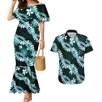 Puakenikeni Maile Lei Couples Matching Mermaid Dress and Hawaiian Shirt Frangipani Turquoise Tropical Leaves LT01 Turquoise - Polynesian Pride