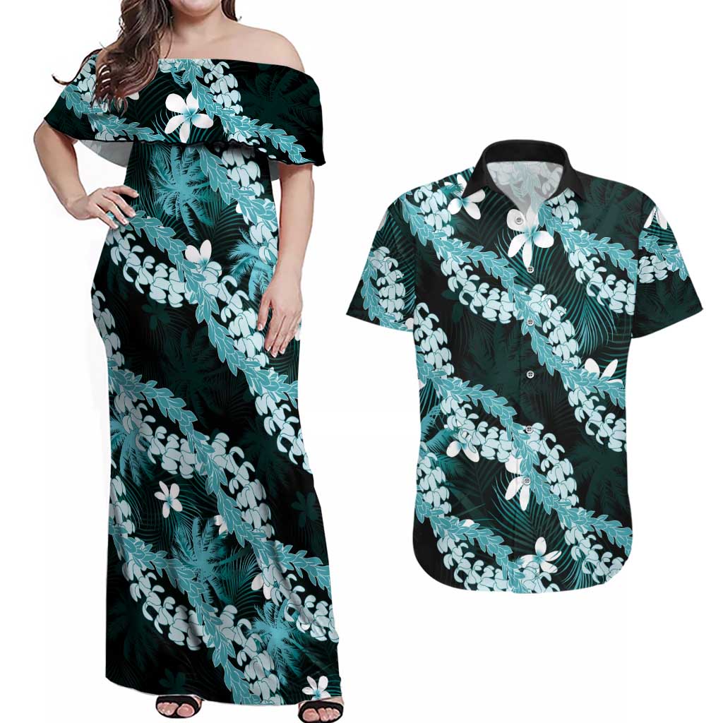 Puakenikeni Maile Lei Couples Matching Off Shoulder Maxi Dress and Hawaiian Shirt Frangipani Turquoise Tropical Leaves LT01 Turquoise - Polynesian Pride