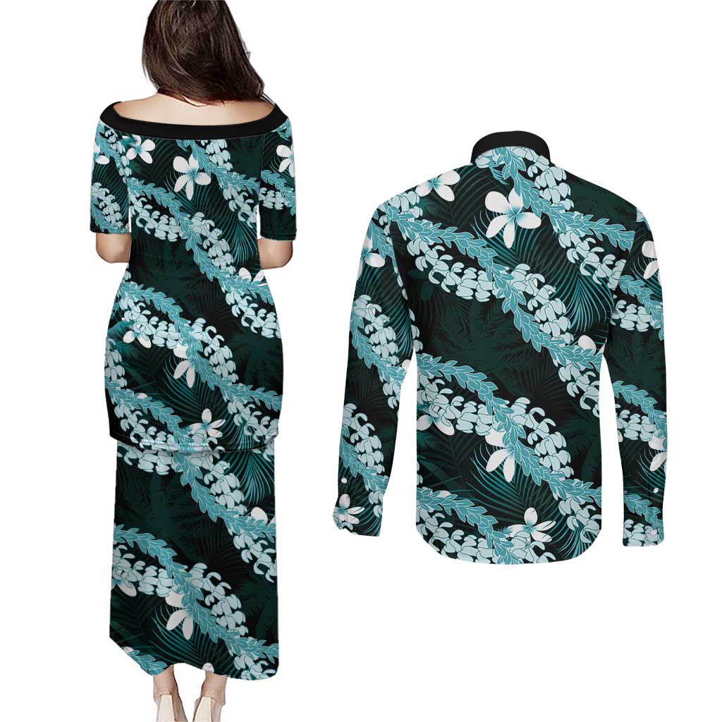 Puakenikeni Maile Lei Couples Matching Puletasi and Long Sleeve Button Shirt Frangipani Turquoise Tropical Leaves