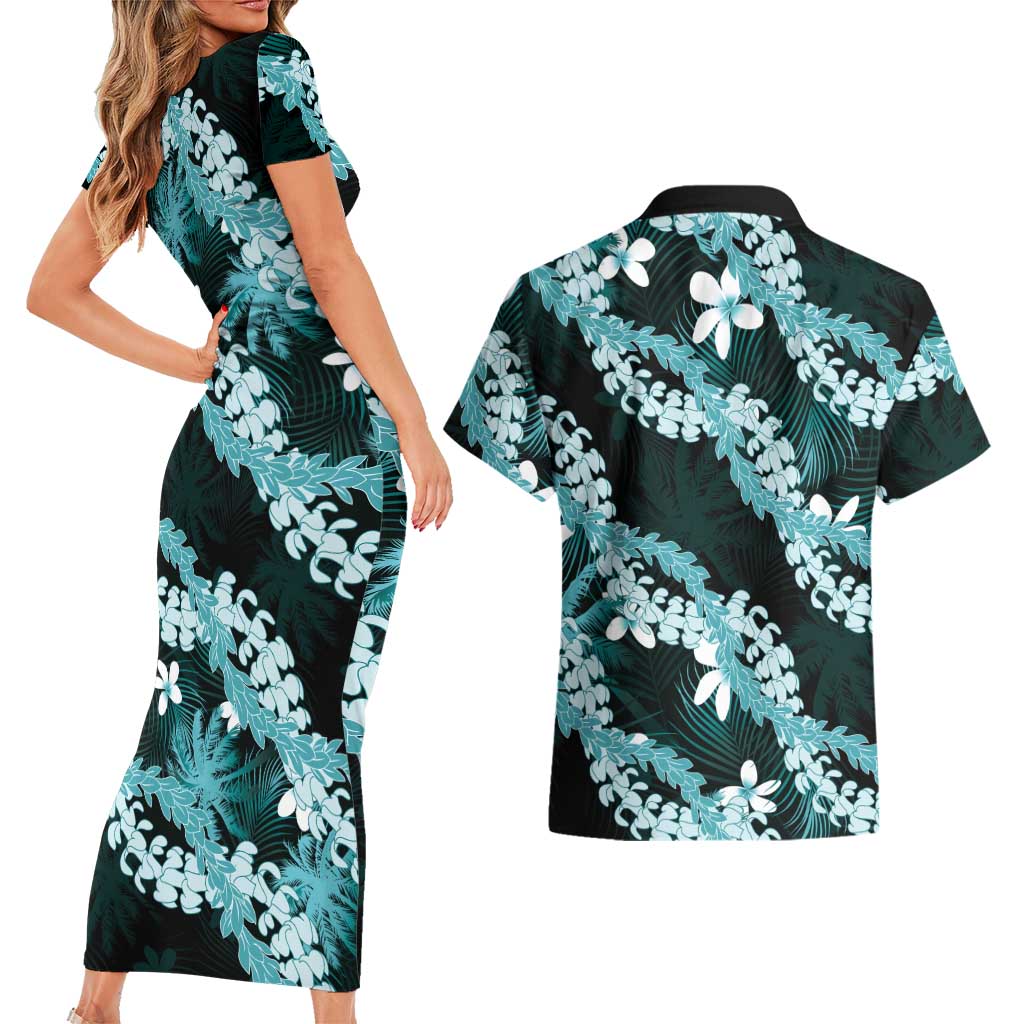 Puakenikeni Maile Lei Couples Matching Short Sleeve Bodycon Dress and Hawaiian Shirt Frangipani Turquoise Tropical Leaves LT01 - Polynesian Pride