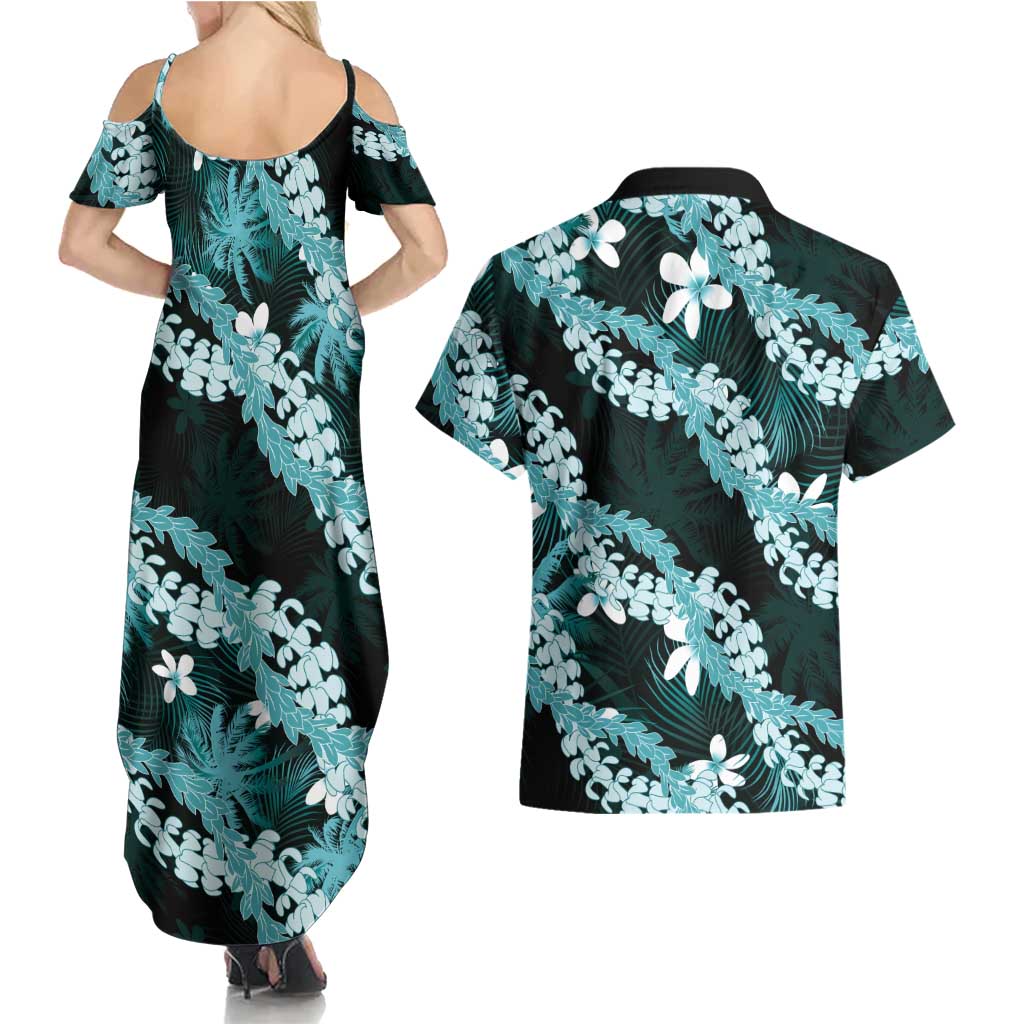 Puakenikeni Maile Lei Couples Matching Summer Maxi Dress and Hawaiian Shirt Frangipani Turquoise Tropical Leaves LT01 - Polynesian Pride
