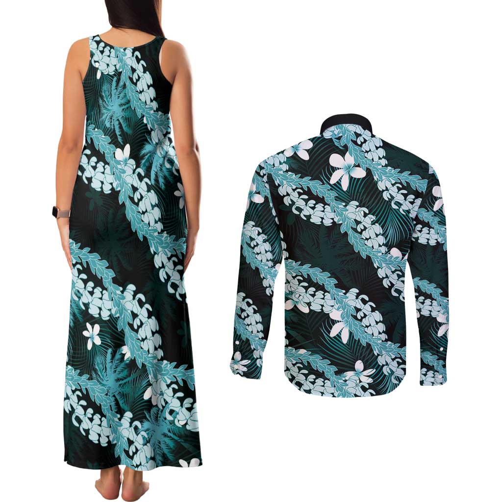 Puakenikeni Maile Lei Couples Matching Tank Maxi Dress and Long Sleeve Button Shirt Frangipani Turquoise Tropical Leaves LT01 - Polynesian Pride