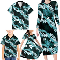 Puakenikeni Maile Lei Family Matching Long Sleeve Bodycon Dress and Hawaiian Shirt Frangipani Turquoise Tropical Leaves LT01 - Polynesian Pride