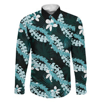 Puakenikeni Maile Lei Family Matching Long Sleeve Bodycon Dress and Hawaiian Shirt Frangipani Turquoise Tropical Leaves LT01 Dad's Shirt - Long Sleeve Turquoise - Polynesian Pride
