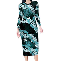 Puakenikeni Maile Lei Family Matching Long Sleeve Bodycon Dress and Hawaiian Shirt Frangipani Turquoise Tropical Leaves LT01 Mom's Dress Turquoise - Polynesian Pride