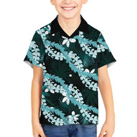Puakenikeni Maile Lei Family Matching Long Sleeve Bodycon Dress and Hawaiian Shirt Frangipani Turquoise Tropical Leaves LT01 Son's Shirt Turquoise - Polynesian Pride