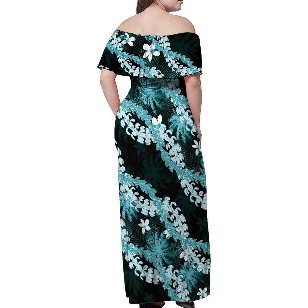 Puakenikeni Maile Lei Family Matching Off Shoulder Maxi Dress and Hawaiian Shirt Frangipani Turquoise Tropical Leaves LT01 - Polynesian Pride
