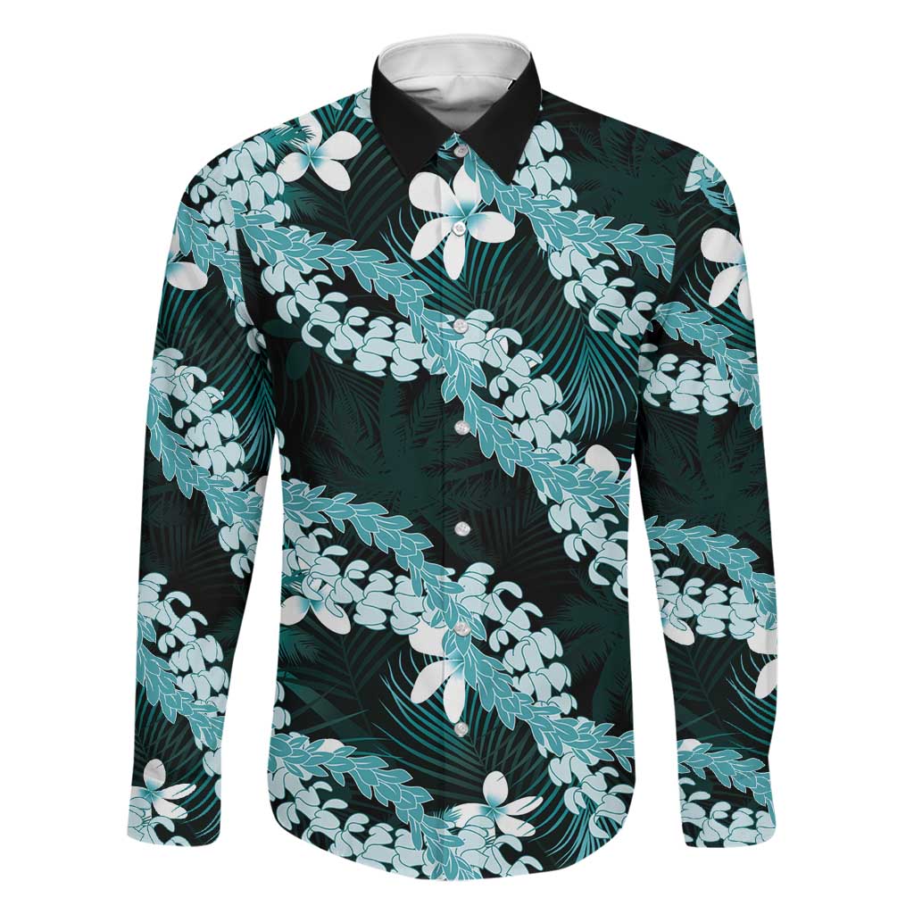 Puakenikeni Maile Lei Family Matching Off Shoulder Short Dress and Hawaiian Shirt Frangipani Turquoise Tropical Leaves LT01 Dad's Shirt - Long Sleeve Turquoise - Polynesian Pride