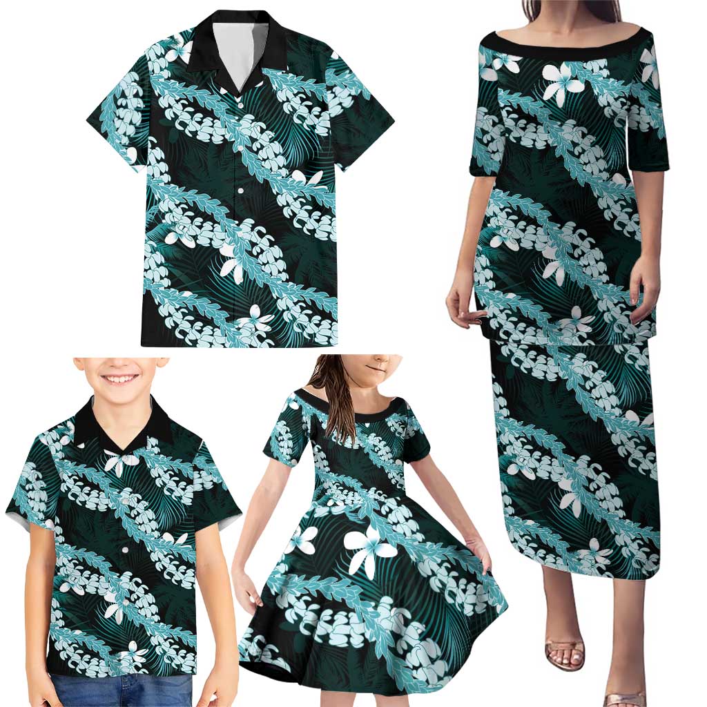 Puakenikeni Maile Lei Family Matching Puletasi and Hawaiian Shirt Frangipani Turquoise Tropical Leaves