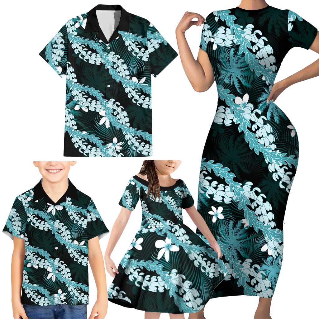 Puakenikeni Maile Lei Family Matching Short Sleeve Bodycon Dress and Hawaiian Shirt Frangipani Turquoise Tropical Leaves LT01 - Polynesian Pride