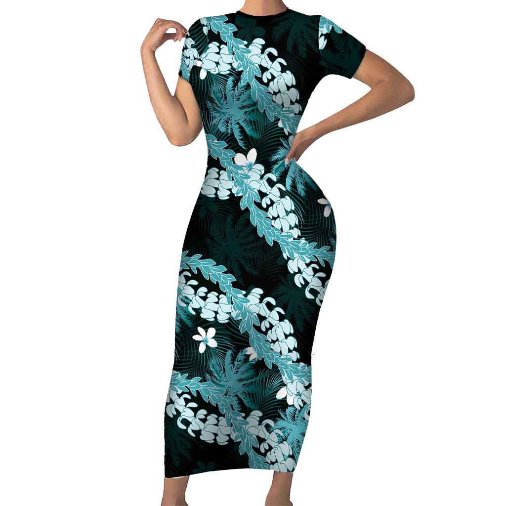 Puakenikeni Maile Lei Family Matching Short Sleeve Bodycon Dress and Hawaiian Shirt Frangipani Turquoise Tropical Leaves LT01 Mom's Dress Turquoise - Polynesian Pride