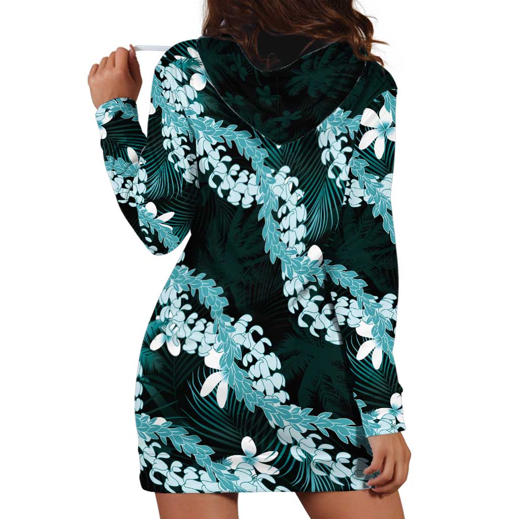 Puakenikeni Maile Lei Hoodie Dress Frangipani Turquoise Tropical Leaves