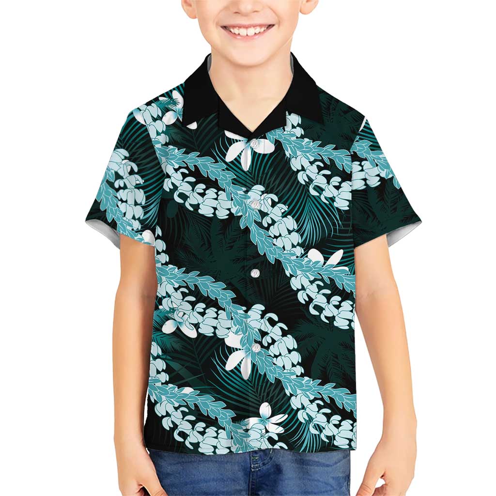 Puakenikeni Maile Lei Kid Hawaiian Shirt Frangipani Turquoise Tropical Leaves