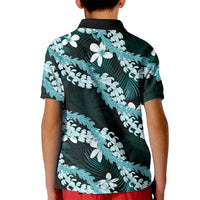 Puakenikeni Maile Lei Kid Polo Shirt Frangipani Turquoise Tropical Leaves