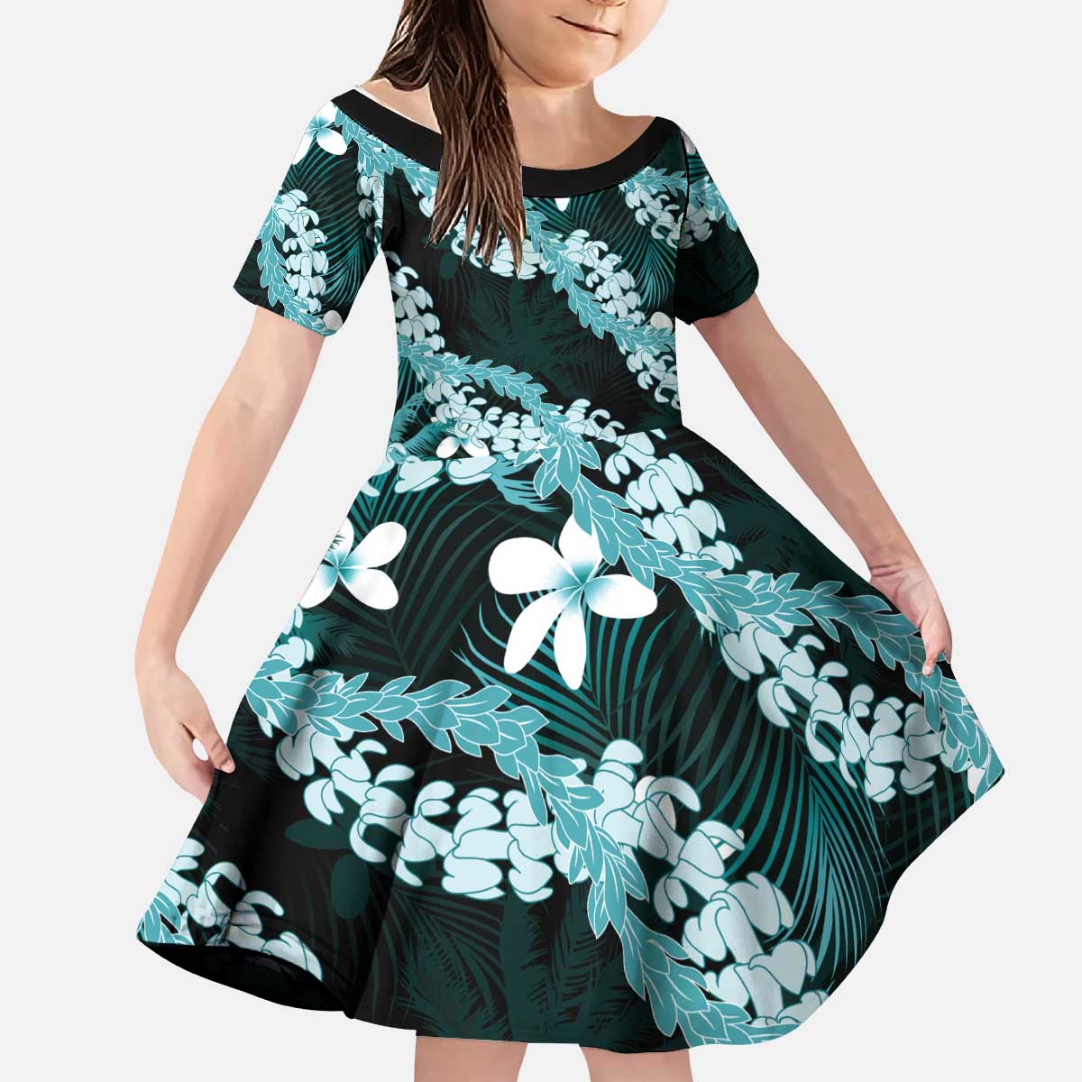 Puakenikeni Maile Lei Kid Short Sleeve Dress Frangipani Turquoise Tropical Leaves
