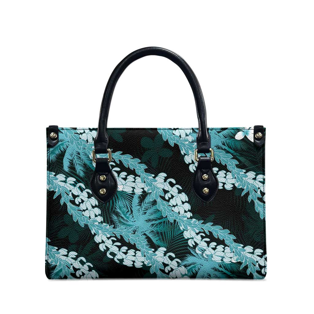 Puakenikeni Maile Lei Leather Bag Frangipani Turquoise Tropical Leaves