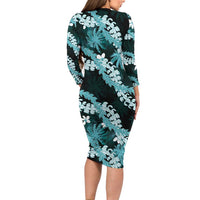 Puakenikeni Maile Lei Long Sleeve Bodycon Dress Frangipani Turquoise Tropical Leaves