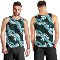 Puakenikeni Maile Lei Men Tank Top Frangipani Turquoise Tropical Leaves