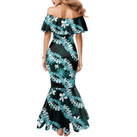 Puakenikeni Maile Lei Mermaid Dress Frangipani Turquoise Tropical Leaves