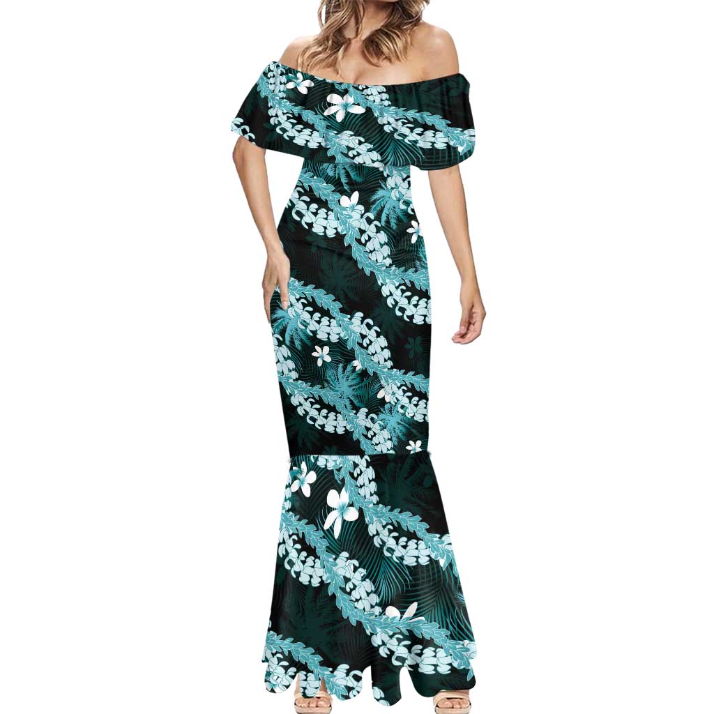 Puakenikeni Maile Lei Mermaid Dress Frangipani Turquoise Tropical Leaves