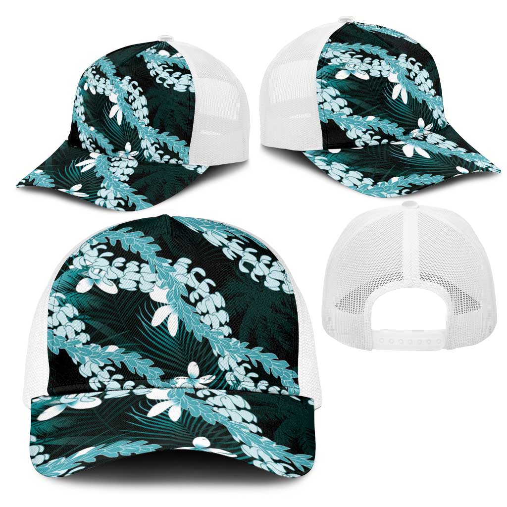 Puakenikeni Maile Lei Mesh Trucker Cap Frangipani Turquoise Tropical Leaves