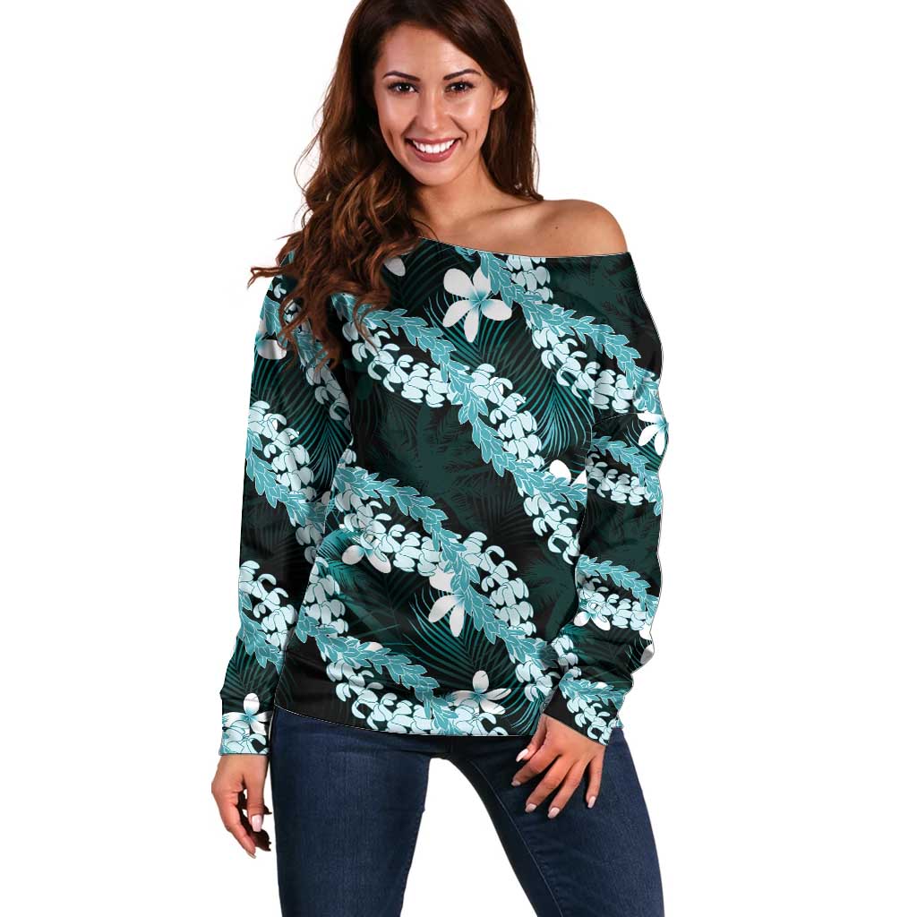 Puakenikeni Maile Lei Off Shoulder Sweater Frangipani Turquoise Tropical Leaves